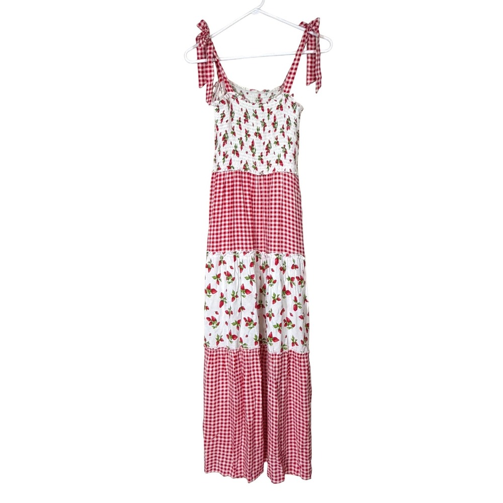 Strawberry Gingham Maxi Dress Womens Medium Cottagecore Coquette Picnic Feminine - Picture 4 of 9